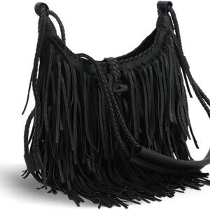 Vegan Faux Suede Fringe Hobo Bag Crossbody Tassel Purse for Women